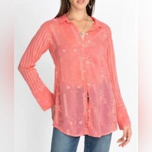 Johnny Was NYX Button Down Embroidered Eyelet Shirt Tunic in Coral Sunset Medium